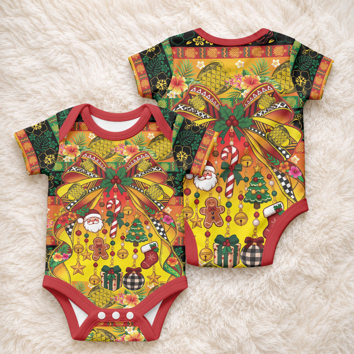 Vanuatu Sand Drawing Christmas Bow Baby Onesie Meri Krismas Hibiscus Turtle LT9 - Polynesian Pride