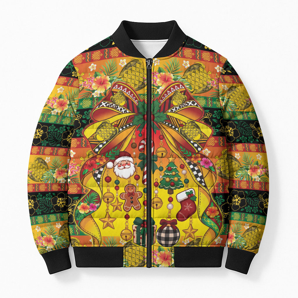 Vanuatu Sand Drawing Christmas Bow Bomber Puffer Jacket Meri Krismas Hibiscus Turtle