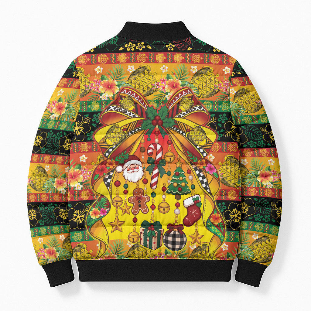 Vanuatu Sand Drawing Christmas Bow Bomber Puffer Jacket Meri Krismas Hibiscus Turtle