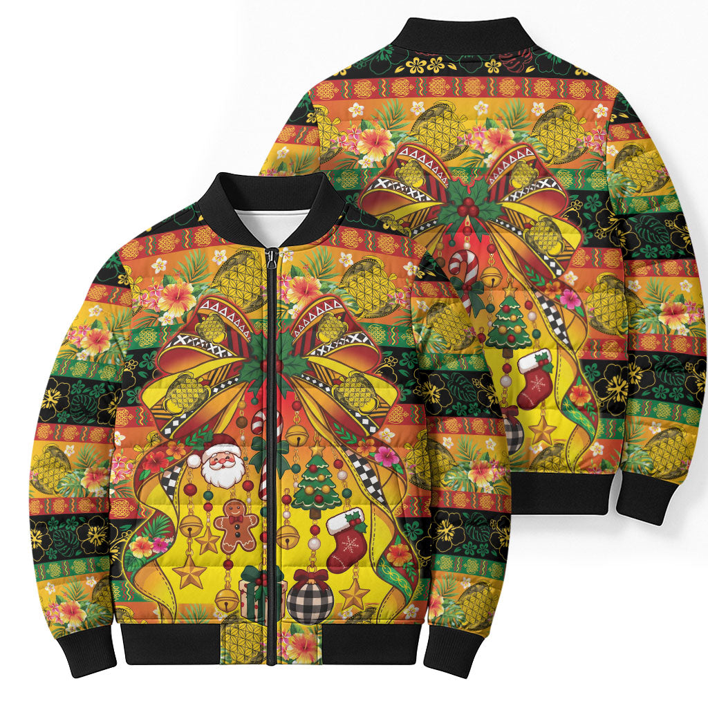 Vanuatu Sand Drawing Christmas Bow Bomber Puffer Jacket Meri Krismas Hibiscus Turtle