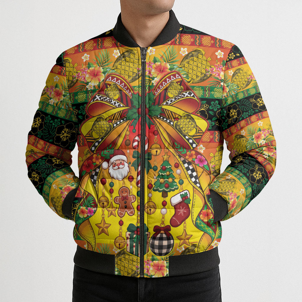 Vanuatu Sand Drawing Christmas Bow Bomber Puffer Jacket Meri Krismas Hibiscus Turtle