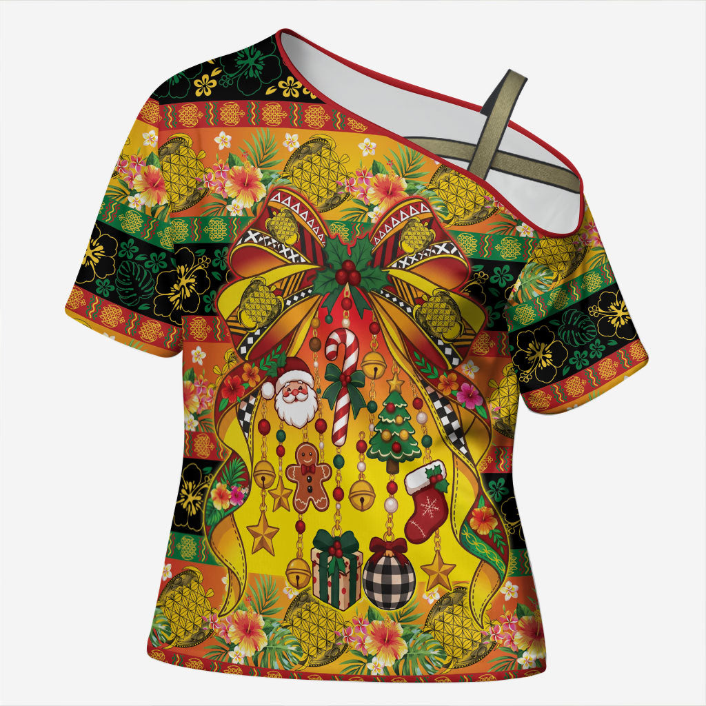 Vanuatu Sand Drawing Christmas Bow Cross Shoulder Shirt Meri Krismas Hibiscus Turtle