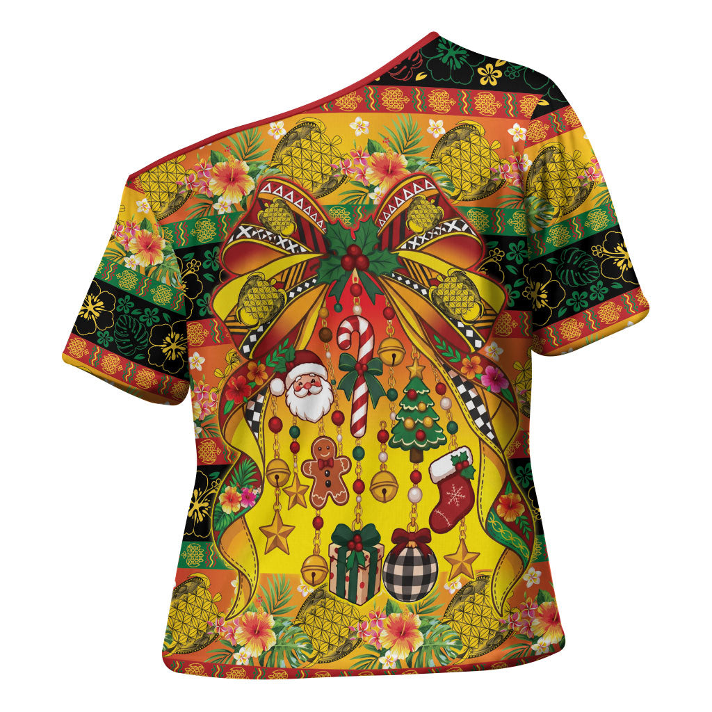 Vanuatu Sand Drawing Christmas Bow Cross Shoulder Shirt Meri Krismas Hibiscus Turtle