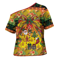 Vanuatu Sand Drawing Christmas Bow Cross Shoulder Shirt Meri Krismas Hibiscus Turtle