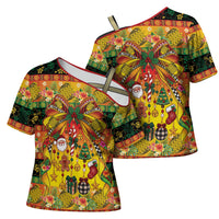 Vanuatu Sand Drawing Christmas Bow Cross Shoulder Shirt Meri Krismas Hibiscus Turtle