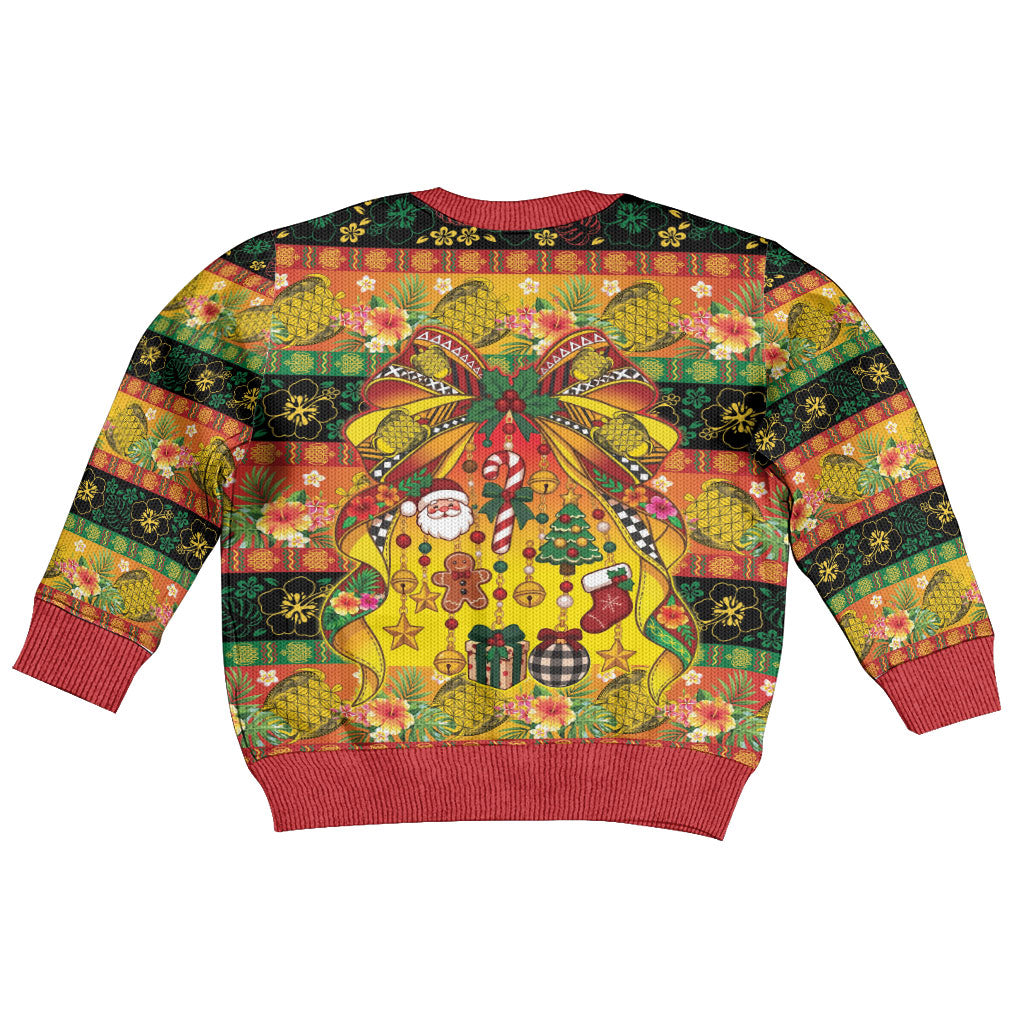 Vanuatu Sand Drawing Christmas Bow Kid Ugly Christmas Sweater Meri Krismas Hibiscus Turtle LT9 - Polynesian Pride