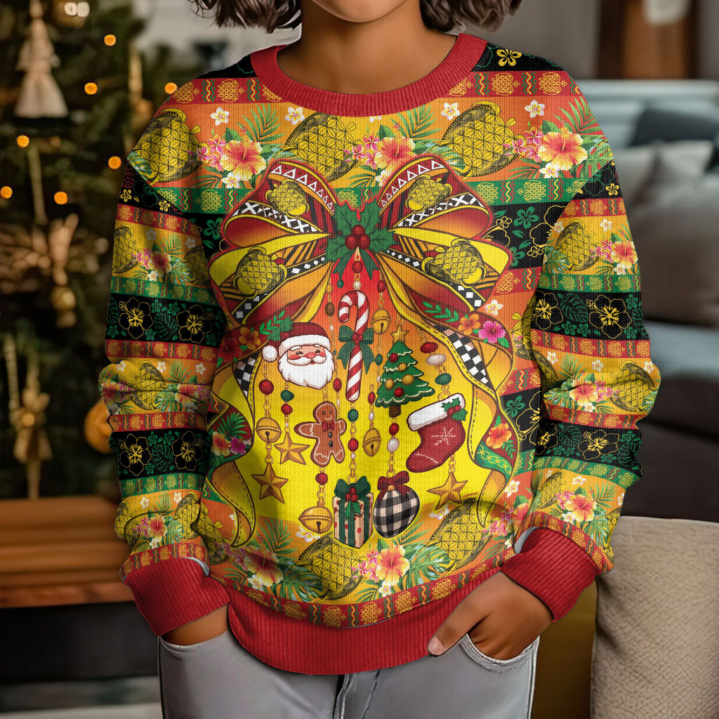 Vanuatu Sand Drawing Christmas Bow Kid Ugly Christmas Sweater Meri Krismas Hibiscus Turtle LT9 - Polynesian Pride