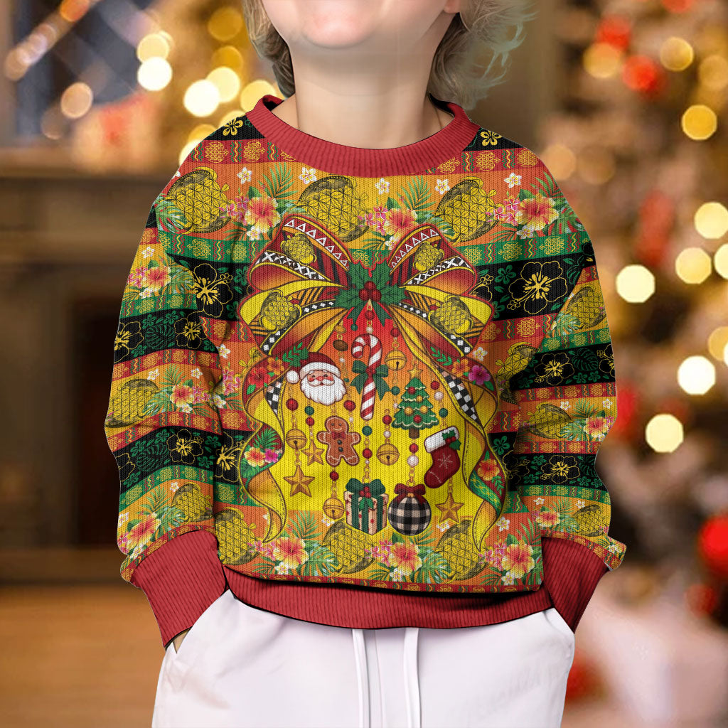 Vanuatu Sand Drawing Christmas Bow Kid Ugly Christmas Sweater Meri Krismas Hibiscus Turtle LT9 - Polynesian Pride