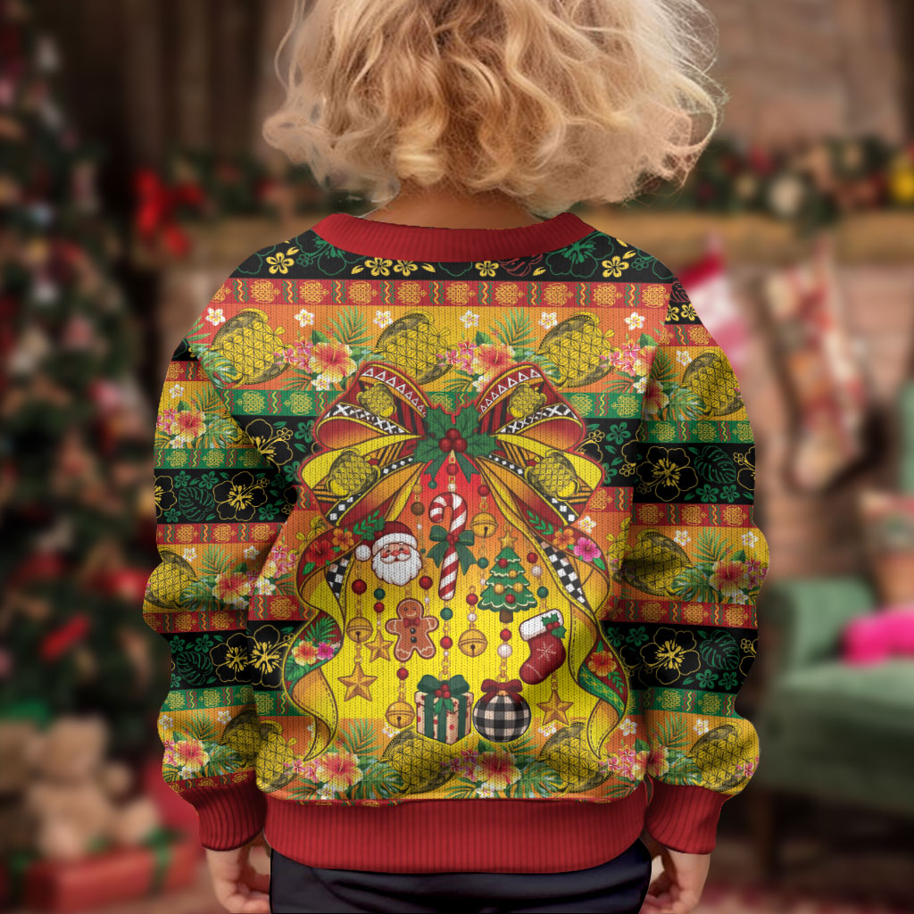 Vanuatu Sand Drawing Christmas Bow Kid Ugly Christmas Sweater Meri Krismas Hibiscus Turtle LT9 - Polynesian Pride