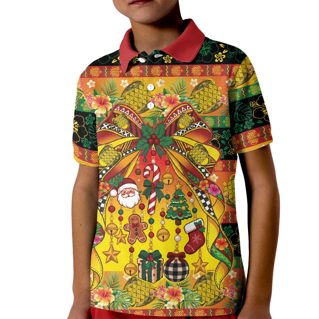 Vanuatu Sand Drawing Christmas Bow Kid Polo Shirt Meri Krismas Hibiscus Turtle