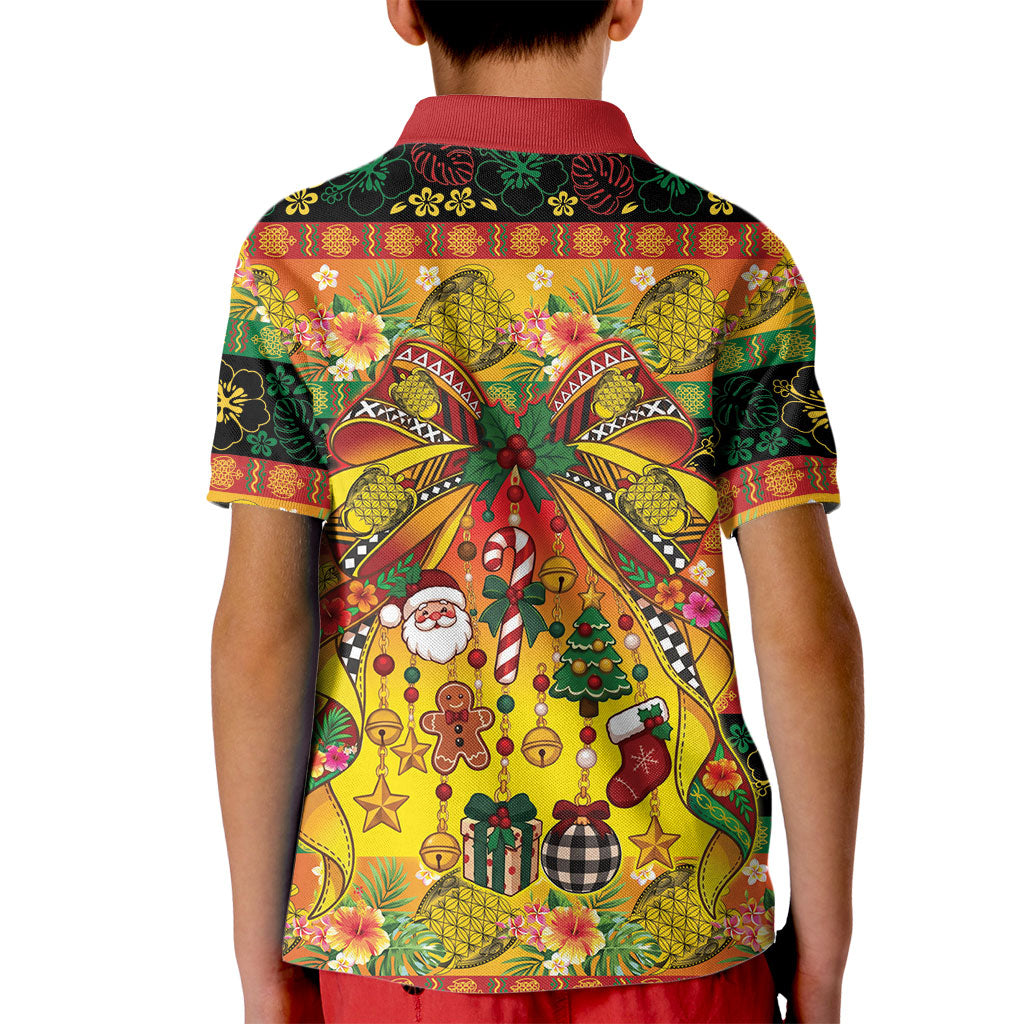 Vanuatu Sand Drawing Christmas Bow Kid Polo Shirt Meri Krismas Hibiscus Turtle