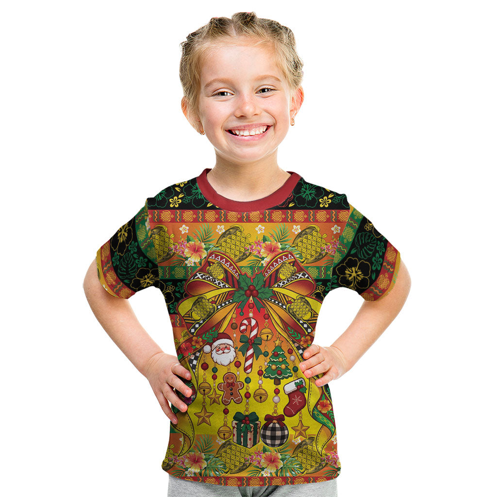 Vanuatu Sand Drawing Christmas Bow Kid T Shirt Meri Krismas Hibiscus Turtle LT9 Multicolor - Polynesian Pride
