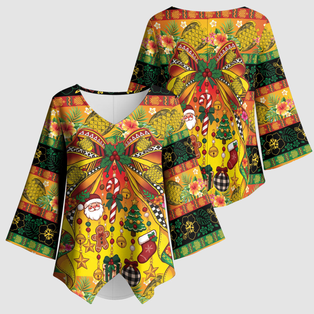 Vanuatu Sand Drawing Christmas Bow Kimono Sleeve Blouse Meri Krismas Hibiscus Turtle