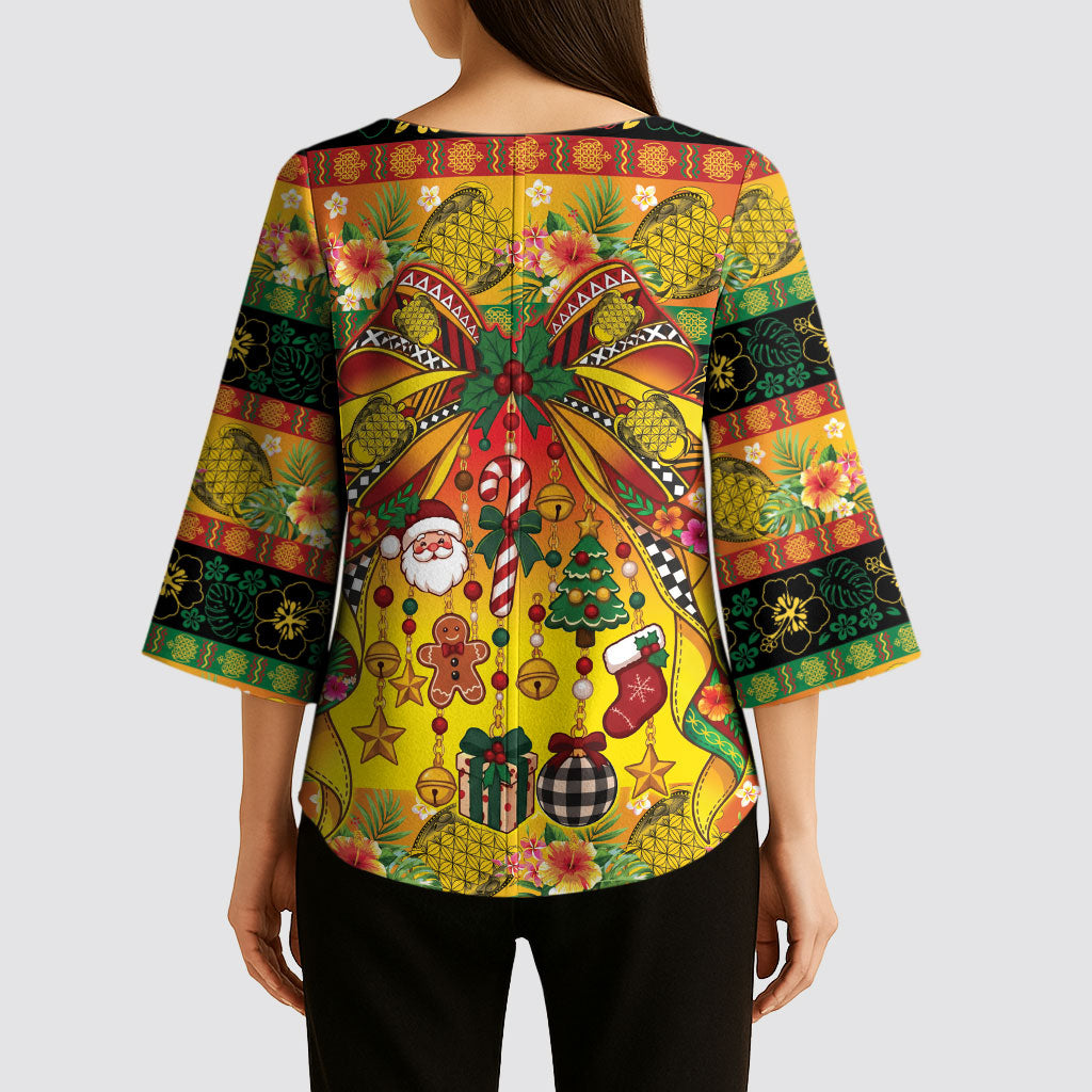 Vanuatu Sand Drawing Christmas Bow Kimono Sleeve Blouse Meri Krismas Hibiscus Turtle
