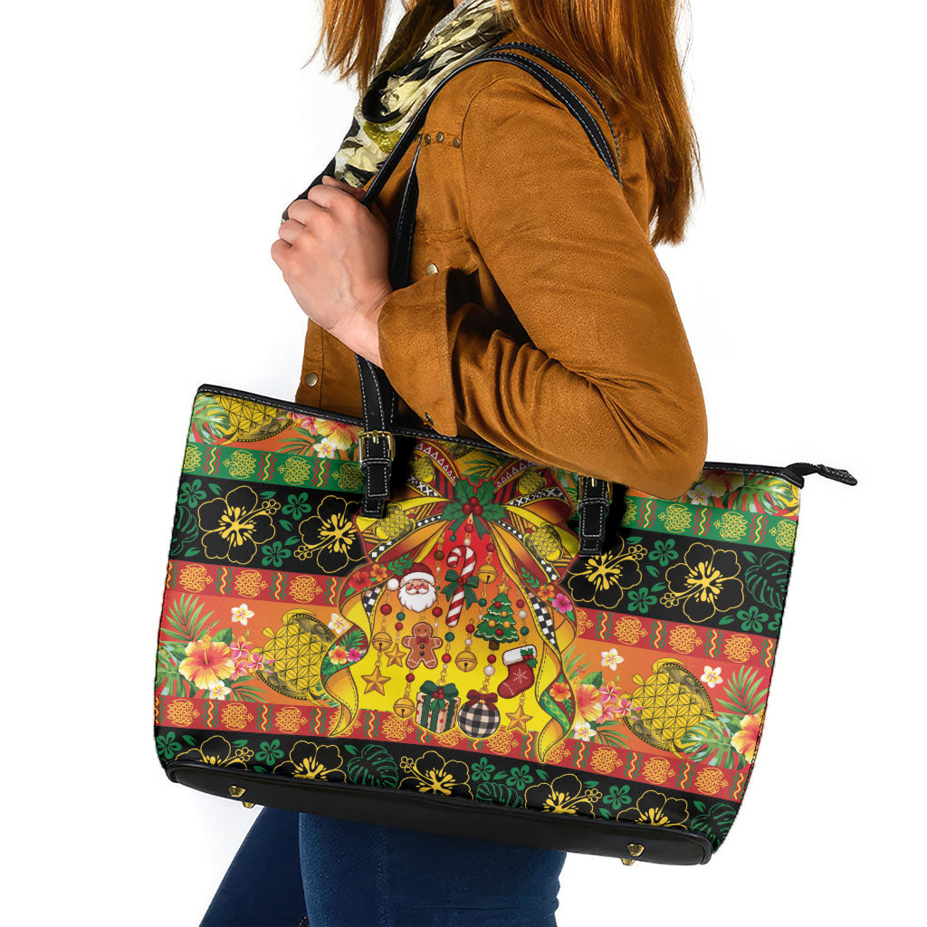 Vanuatu Sand Drawing Christmas Bow Leather Tote Bag Meri Krismas Hibiscus Turtle