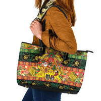 Vanuatu Sand Drawing Christmas Bow Leather Tote Bag Meri Krismas Hibiscus Turtle