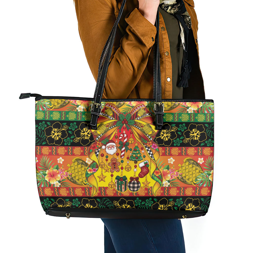 Vanuatu Sand Drawing Christmas Bow Leather Tote Bag Meri Krismas Hibiscus Turtle