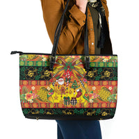 Vanuatu Sand Drawing Christmas Bow Leather Tote Bag Meri Krismas Hibiscus Turtle