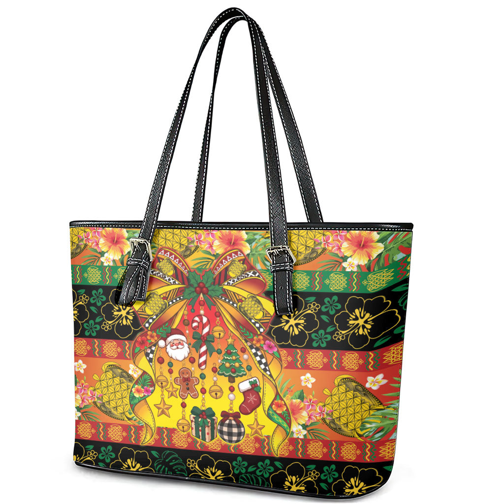 Vanuatu Sand Drawing Christmas Bow Leather Tote Bag Meri Krismas Hibiscus Turtle