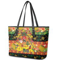 Vanuatu Sand Drawing Christmas Bow Leather Tote Bag Meri Krismas Hibiscus Turtle