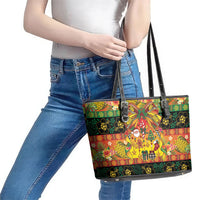 Vanuatu Sand Drawing Christmas Bow Leather Tote Bag Meri Krismas Hibiscus Turtle
