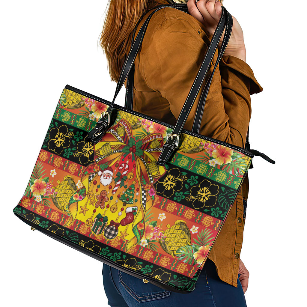 Vanuatu Sand Drawing Christmas Bow Leather Tote Bag Meri Krismas Hibiscus Turtle
