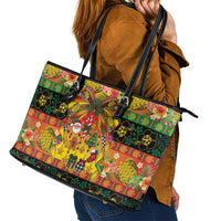 Vanuatu Sand Drawing Christmas Bow Leather Tote Bag Meri Krismas Hibiscus Turtle