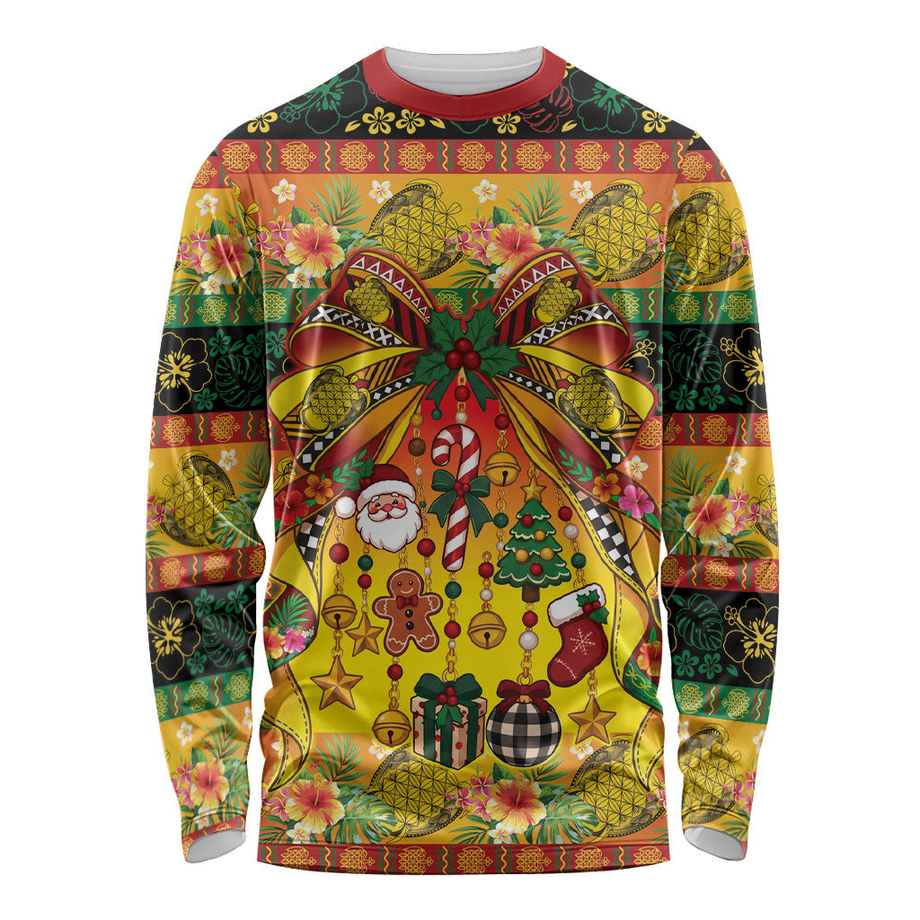 Vanuatu Sand Drawing Christmas Bow Long Sleeve Shirt Meri Krismas Hibiscus Turtle LT9 Unisex Multicolor - Polynesian Pride