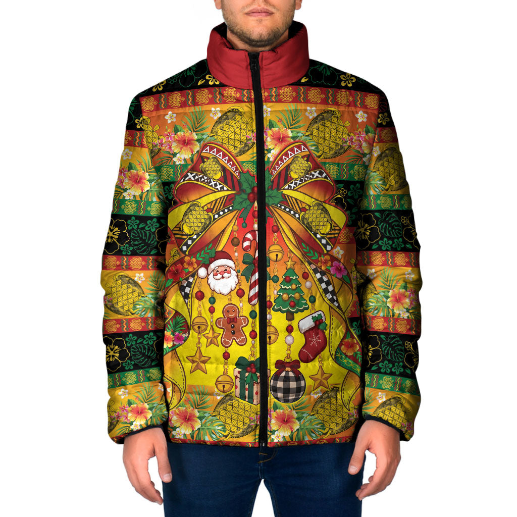 Vanuatu Sand Drawing Christmas Bow Padded Jacket Meri Krismas Hibiscus Turtle