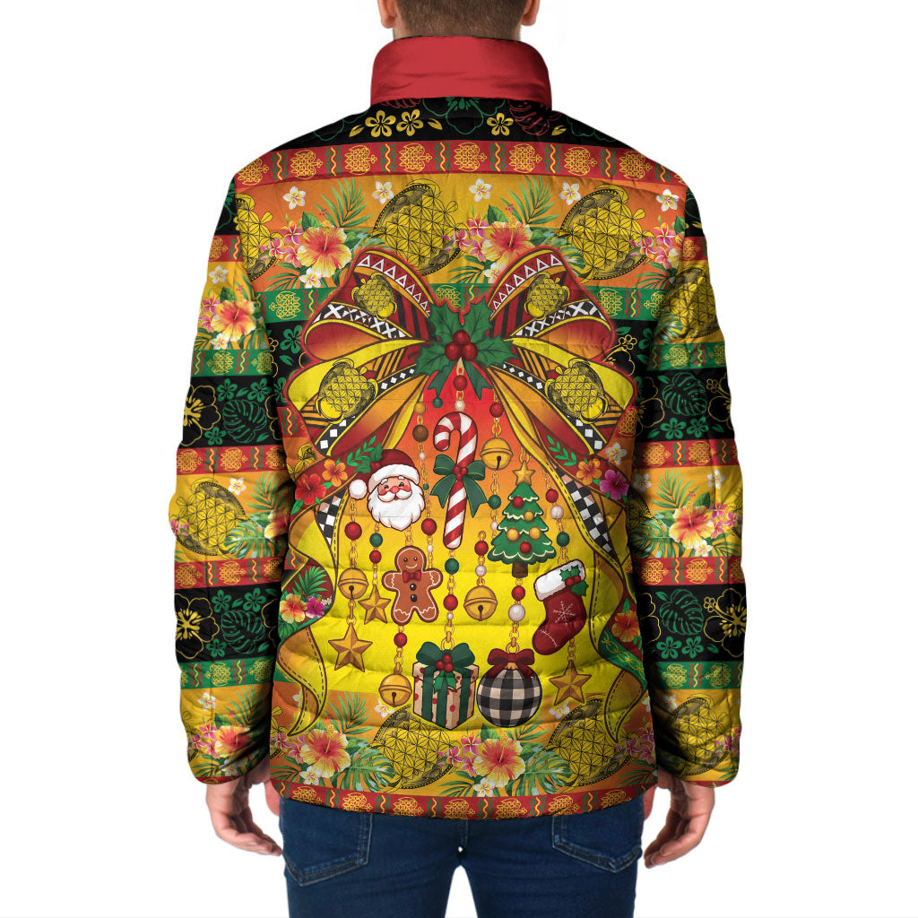 Vanuatu Sand Drawing Christmas Bow Padded Jacket Meri Krismas Hibiscus Turtle