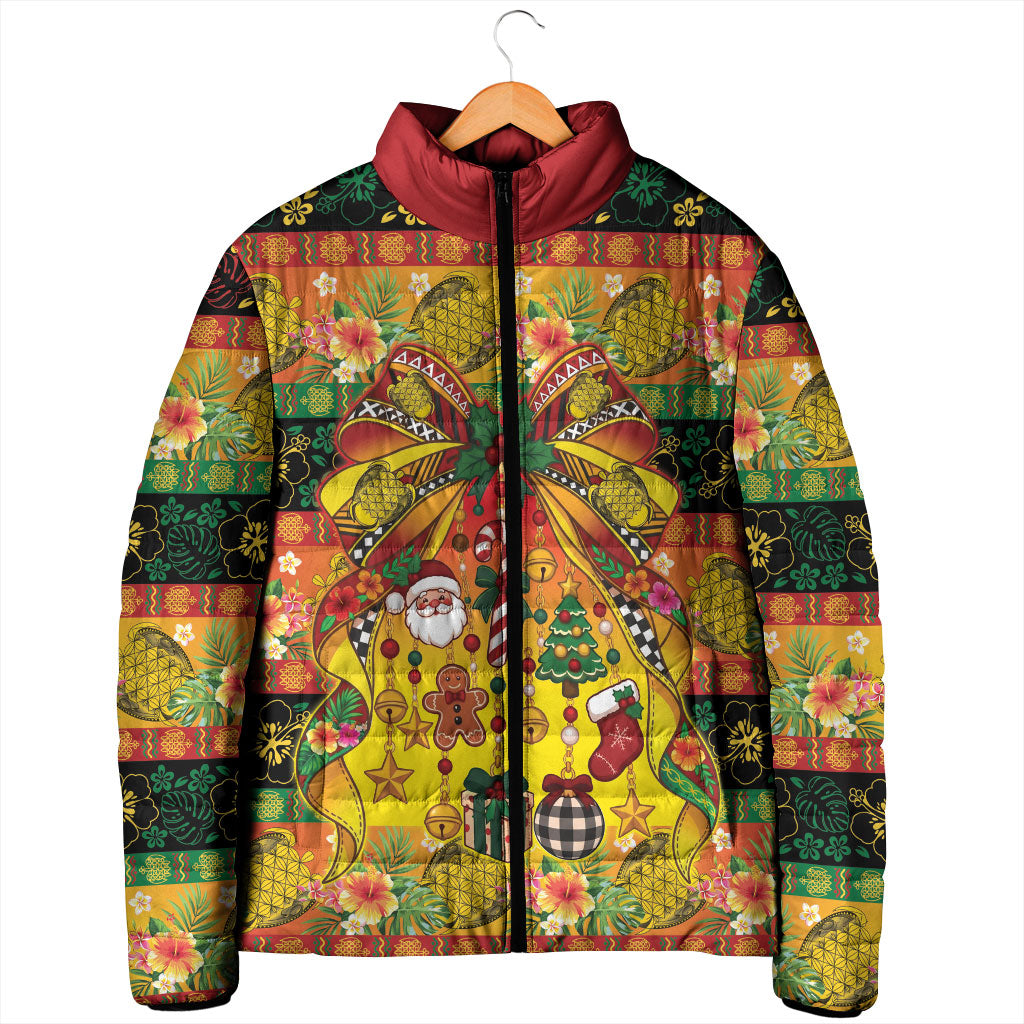 Vanuatu Sand Drawing Christmas Bow Padded Jacket Meri Krismas Hibiscus Turtle