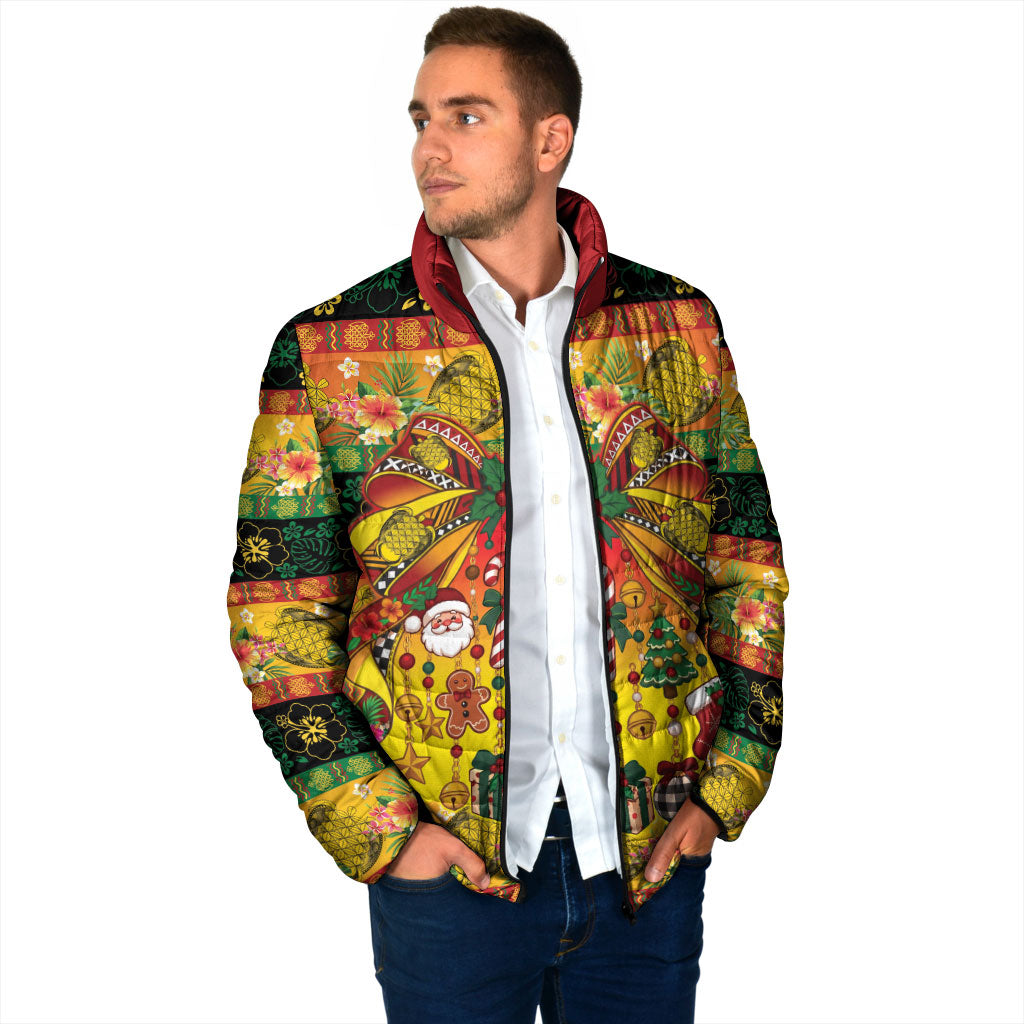 Vanuatu Sand Drawing Christmas Bow Padded Jacket Meri Krismas Hibiscus Turtle