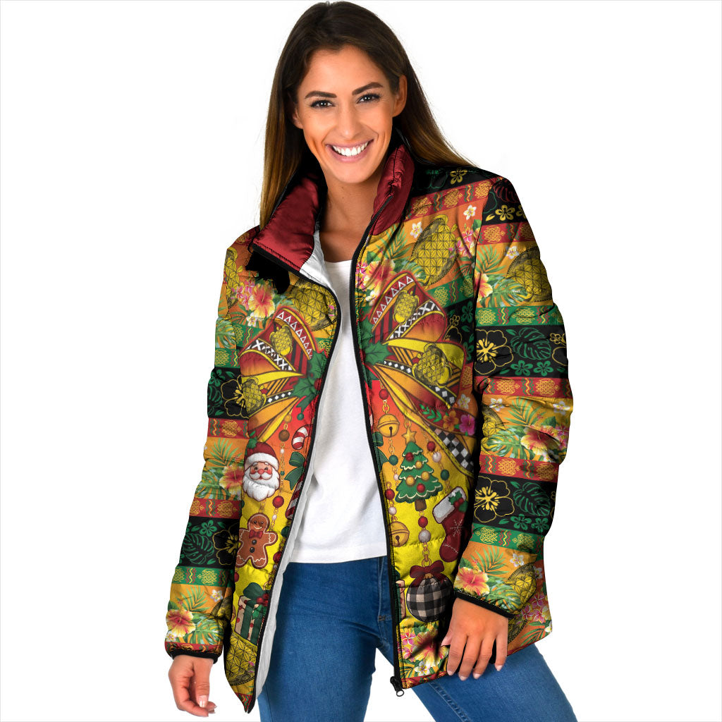 Vanuatu Sand Drawing Christmas Bow Padded Jacket Meri Krismas Hibiscus Turtle