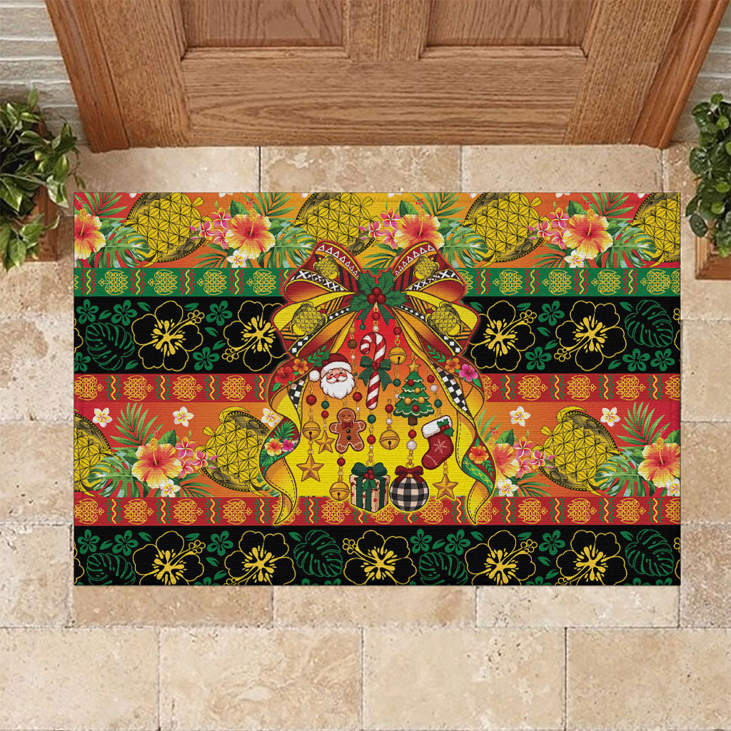 Vanuatu Sand Drawing Christmas Bow Rubber Doormat Meri Krismas Hibiscus Turtle LT9 Multicolor - Polynesian Pride