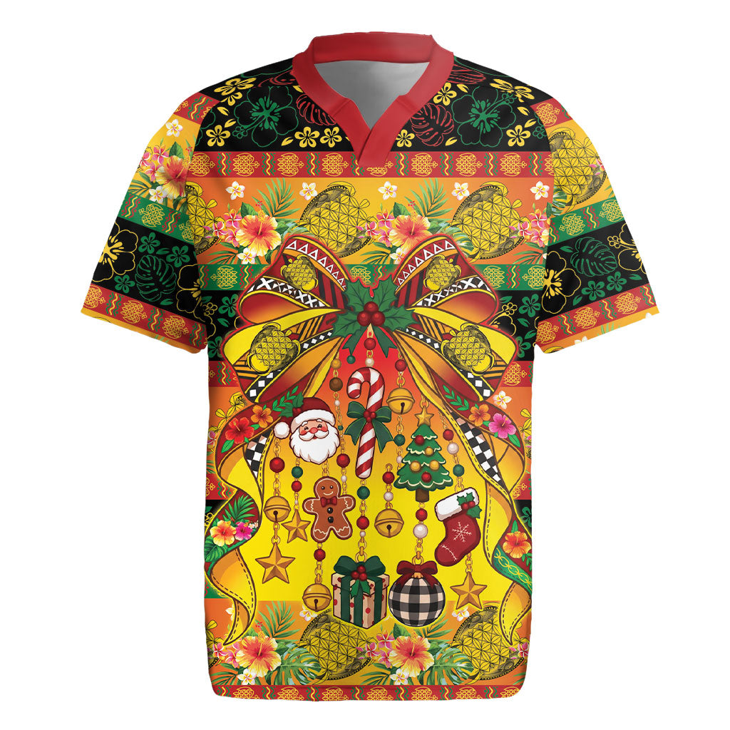 Vanuatu Sand Drawing Christmas Bow Rugby Jersey Meri Krismas Hibiscus Turtle LT9 Multicolor - Polynesian Pride