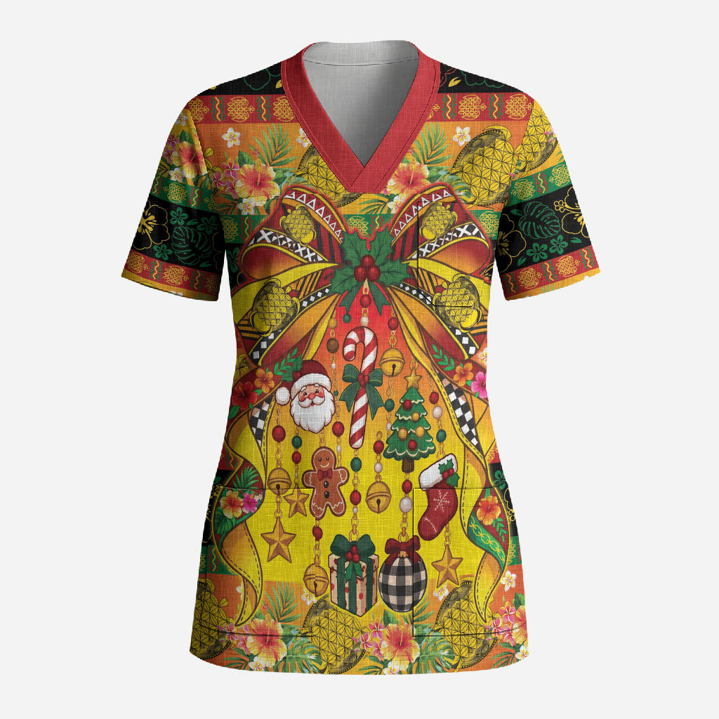Vanuatu Sand Drawing Christmas Bow Scrub Top Meri Krismas Hibiscus Turtle LT9 Adult Multicolor - Polynesian Pride