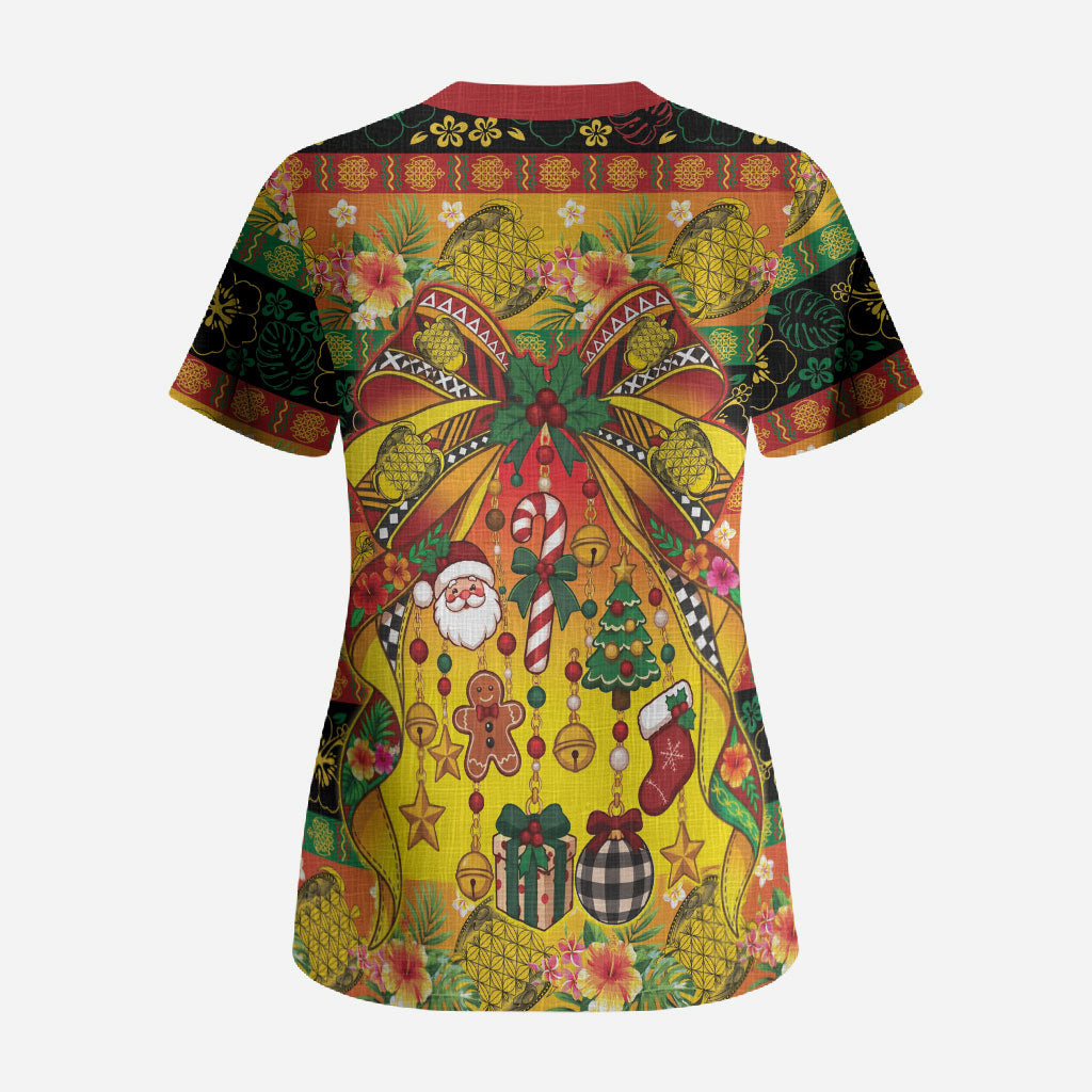 Vanuatu Sand Drawing Christmas Bow Scrub Top Meri Krismas Hibiscus Turtle LT9 - Polynesian Pride