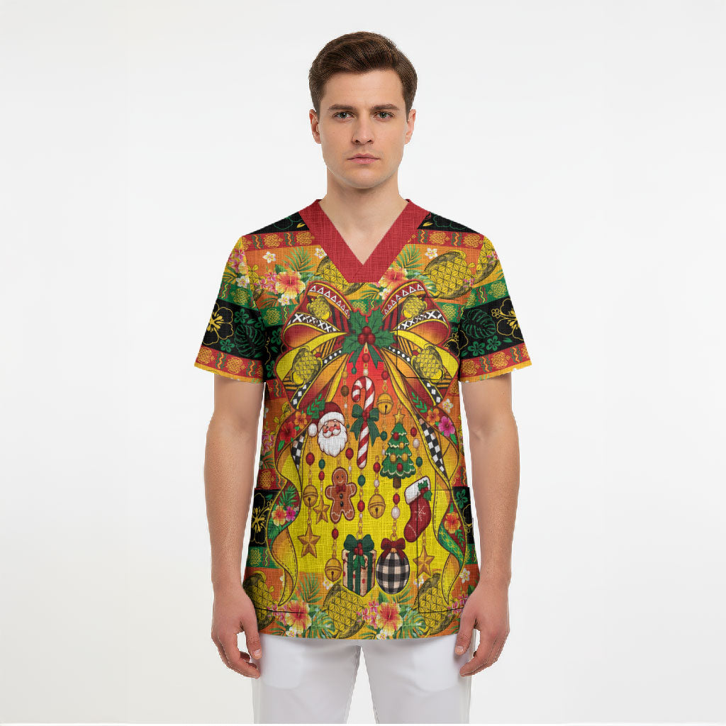 Vanuatu Sand Drawing Christmas Bow Scrub Top Meri Krismas Hibiscus Turtle LT9 - Polynesian Pride