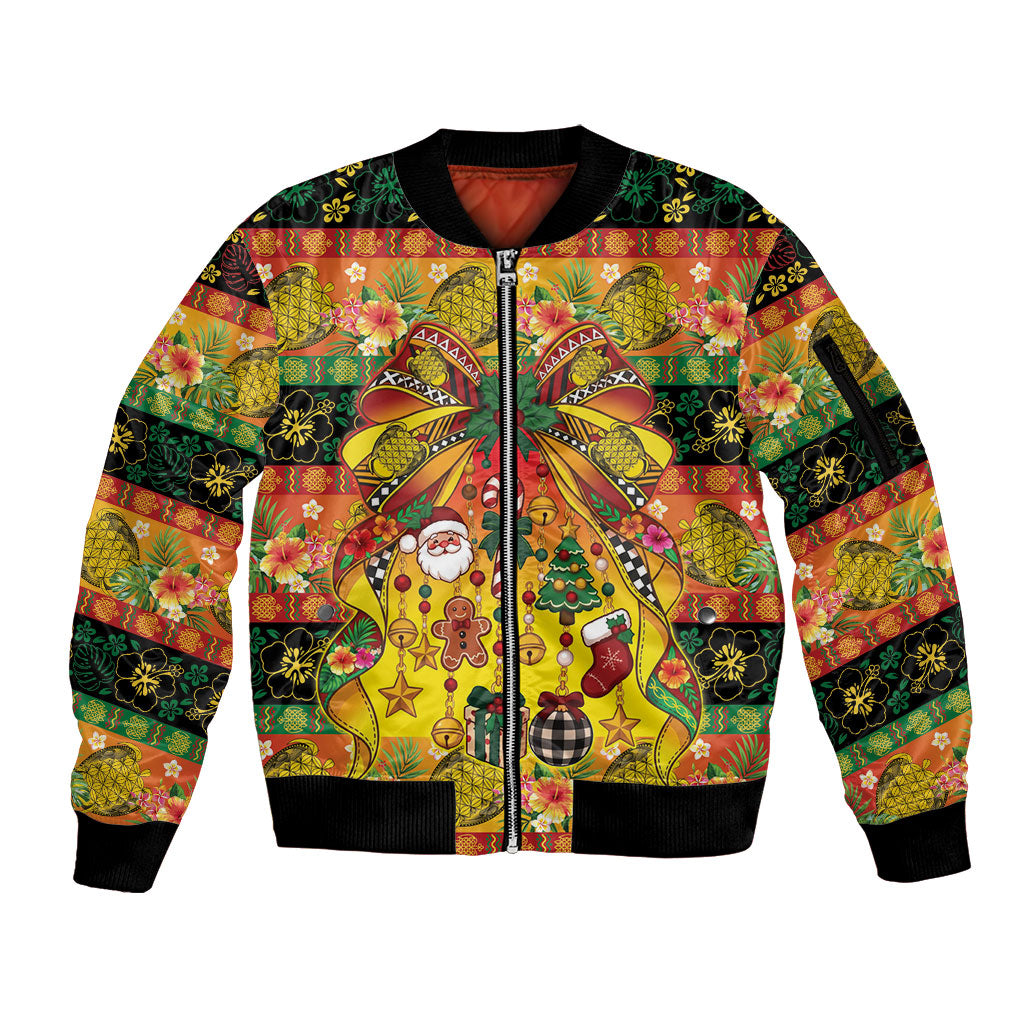 Vanuatu Sand Drawing Christmas Bow Sleeve Zip Bomber Jacket Meri Krismas Hibiscus Turtle