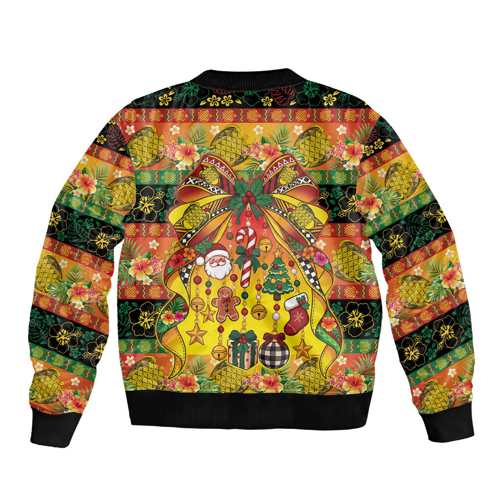 Vanuatu Sand Drawing Christmas Bow Sleeve Zip Bomber Jacket Meri Krismas Hibiscus Turtle