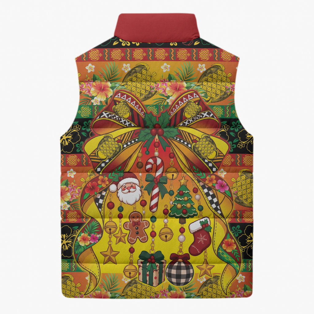 Vanuatu Sand Drawing Christmas Bow Sleeveless Puffer Jacket Meri Krismas Hibiscus Turtle