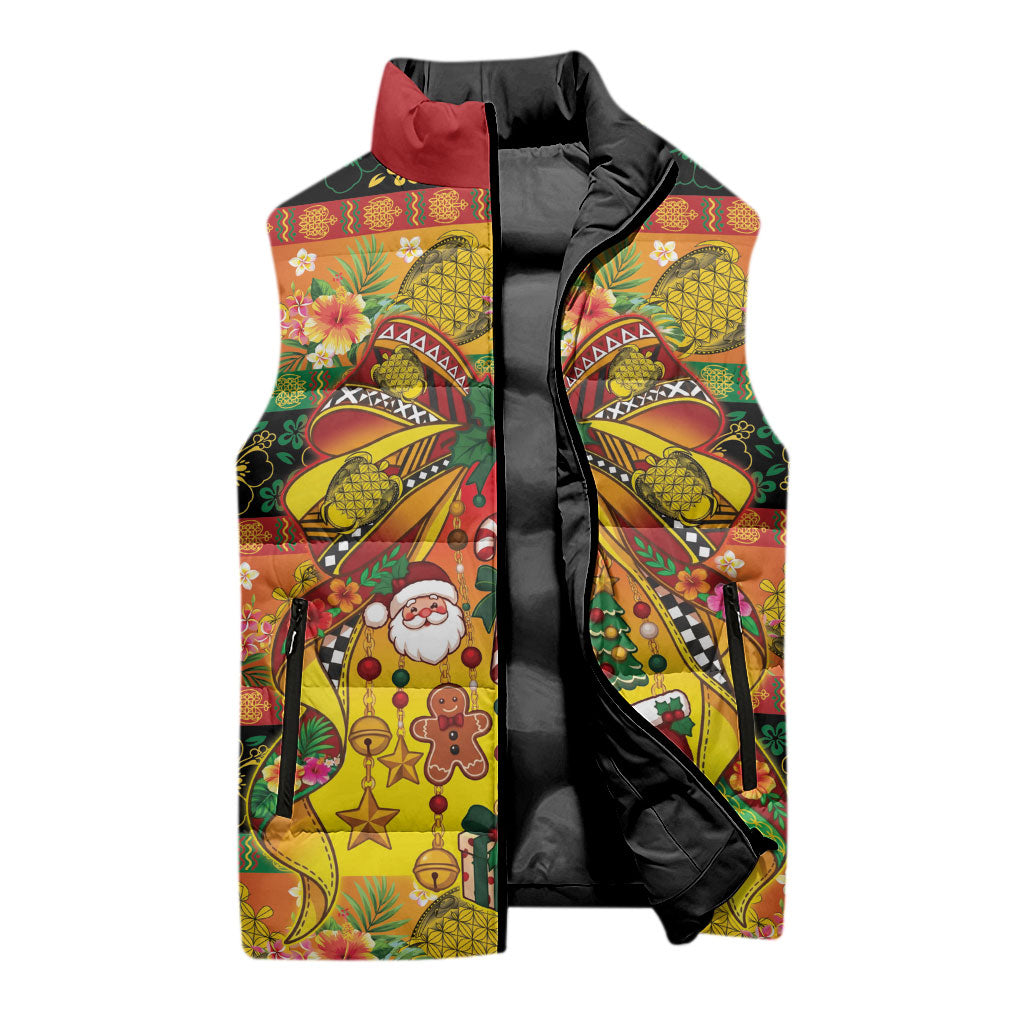 Vanuatu Sand Drawing Christmas Bow Sleeveless Puffer Jacket Meri Krismas Hibiscus Turtle