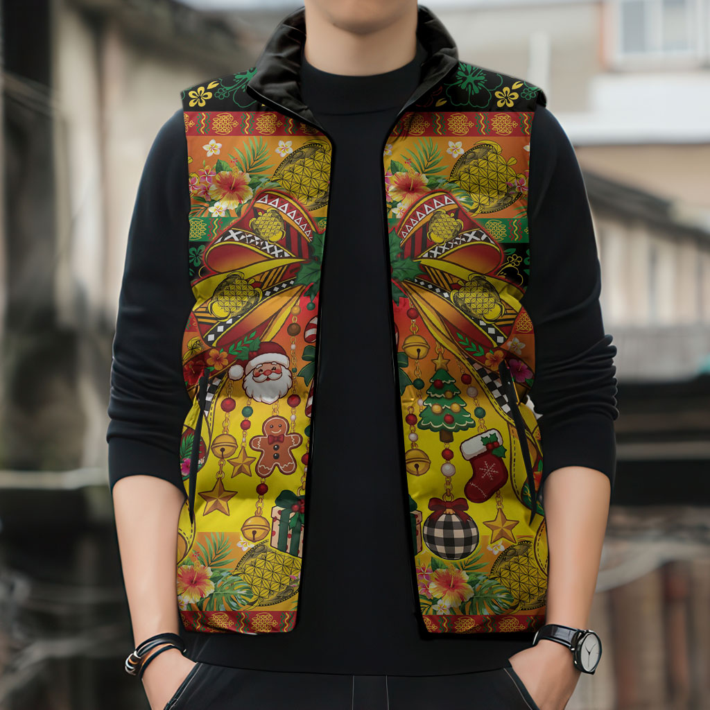Vanuatu Sand Drawing Christmas Bow Sleeveless Puffer Jacket Meri Krismas Hibiscus Turtle