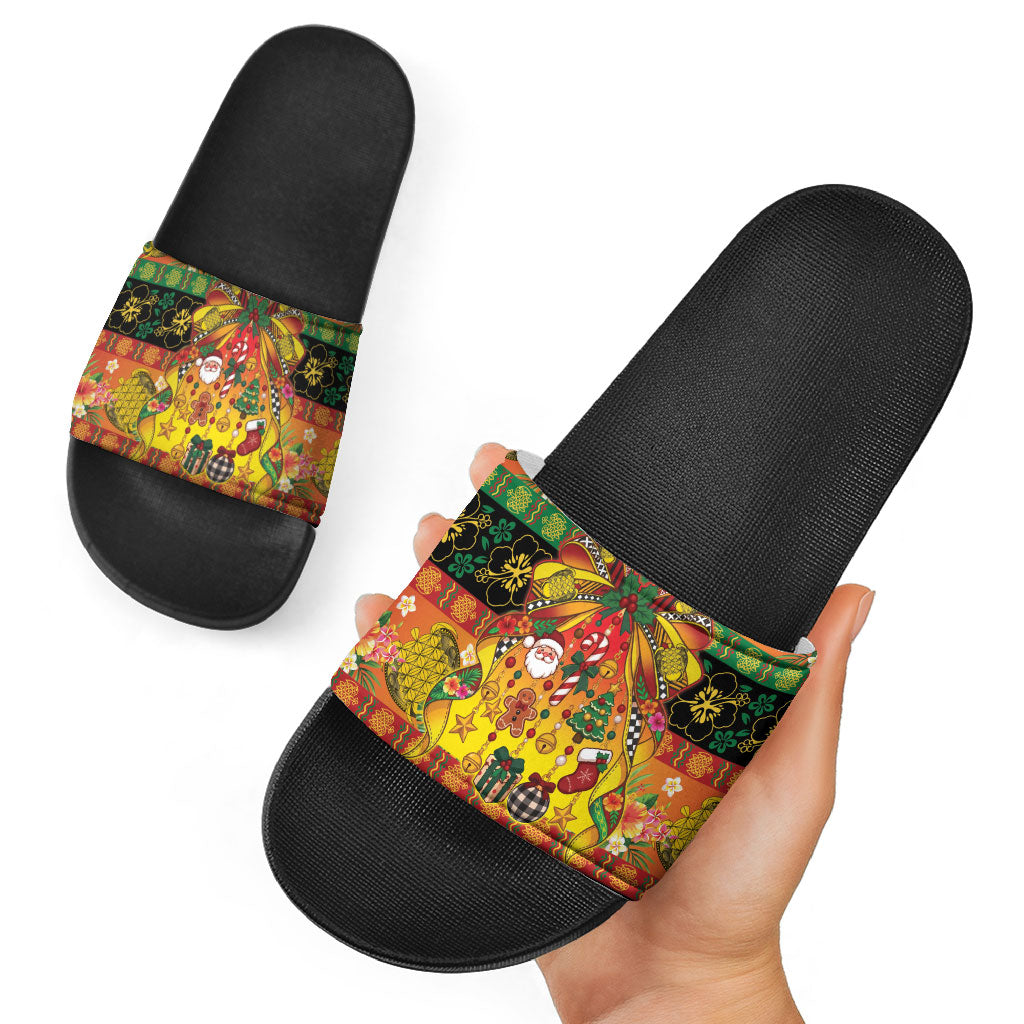 Vanuatu Sand Drawing Christmas Bow Slide Sandals Meri Krismas Hibiscus Turtle