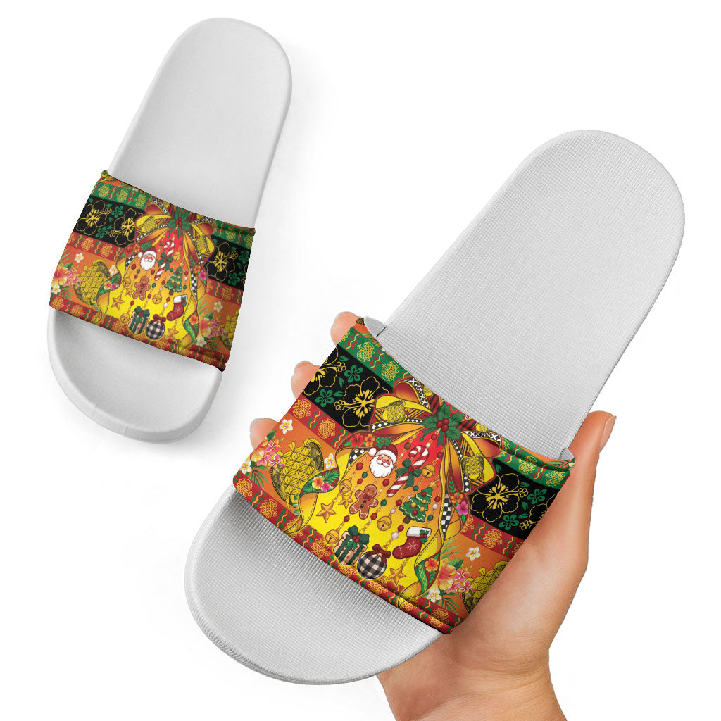 Vanuatu Sand Drawing Christmas Bow Slide Sandals Meri Krismas Hibiscus Turtle