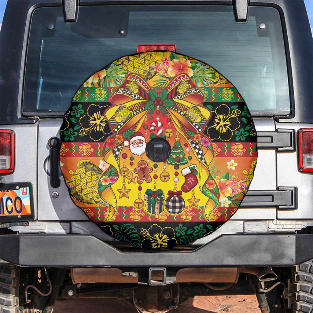 Vanuatu Sand Drawing Christmas Bow Spare Tire Cover Meri Krismas Hibiscus Turtle