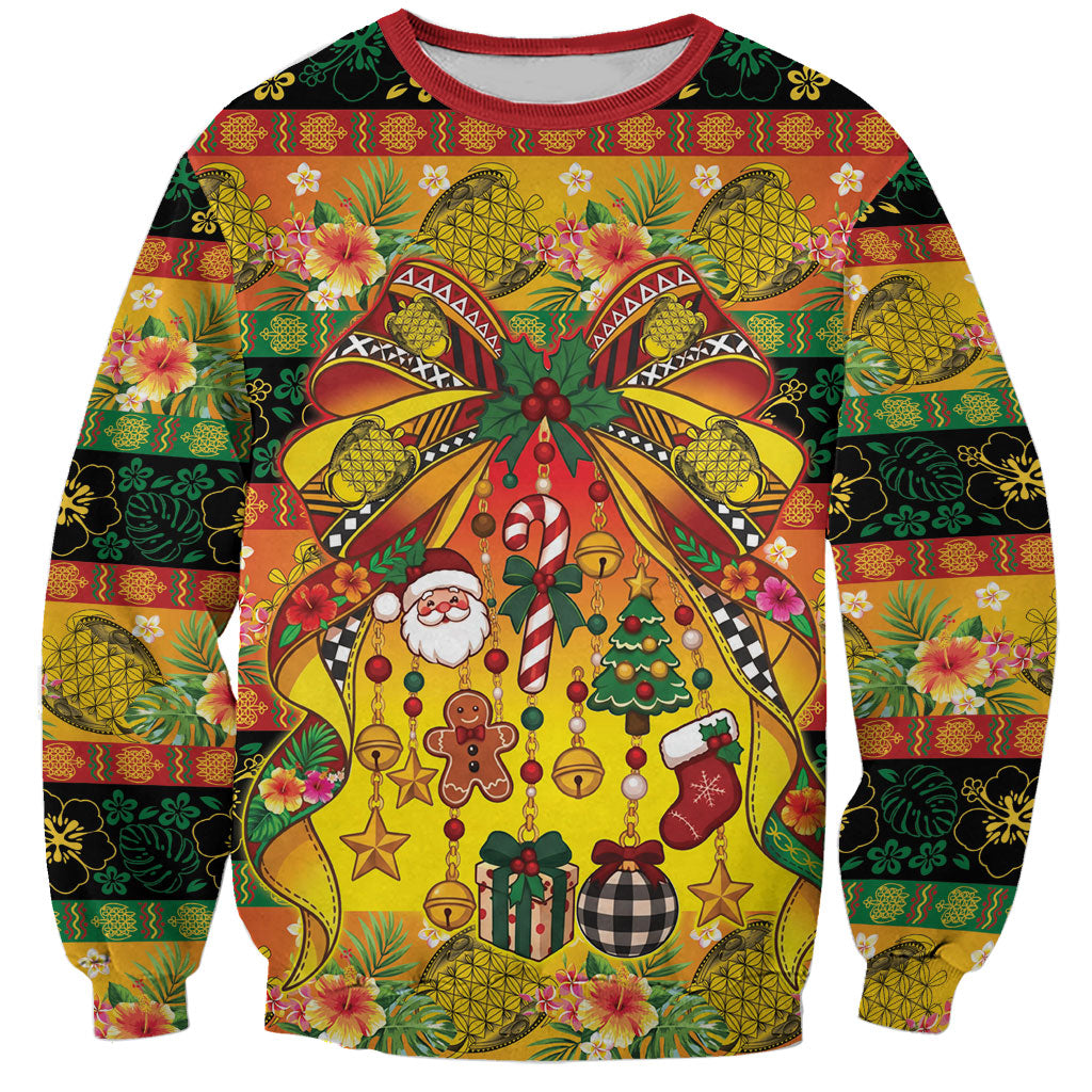 Vanuatu Sand Drawing Christmas Bow Sweatshirt Meri Krismas Hibiscus Turtle
