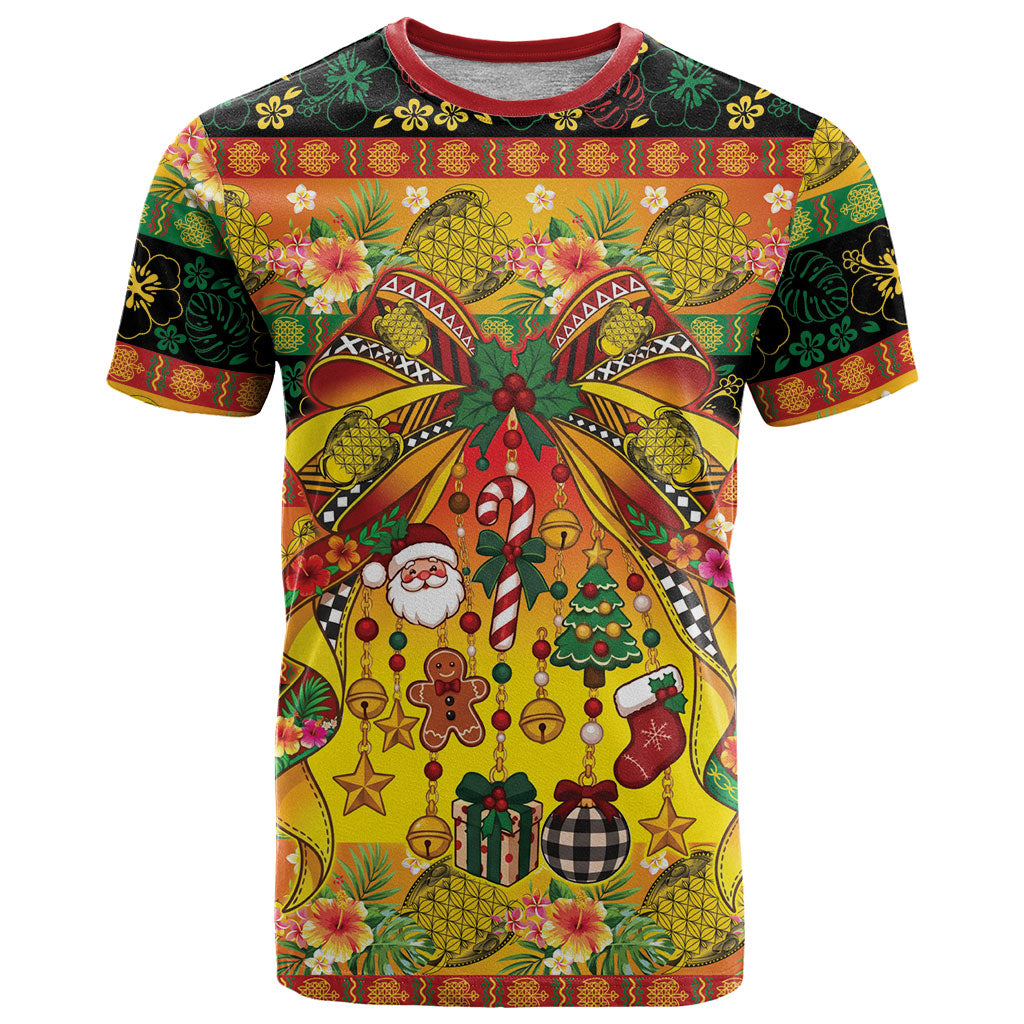 Vanuatu Sand Drawing Christmas Bow T Shirt Meri Krismas Hibiscus Turtle LT9 Multicolor - Polynesian Pride