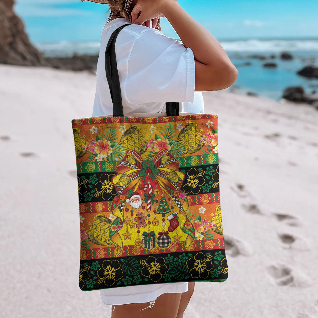 Vanuatu Sand Drawing Christmas Bow Tote Bag Meri Krismas Hibiscus Turtle