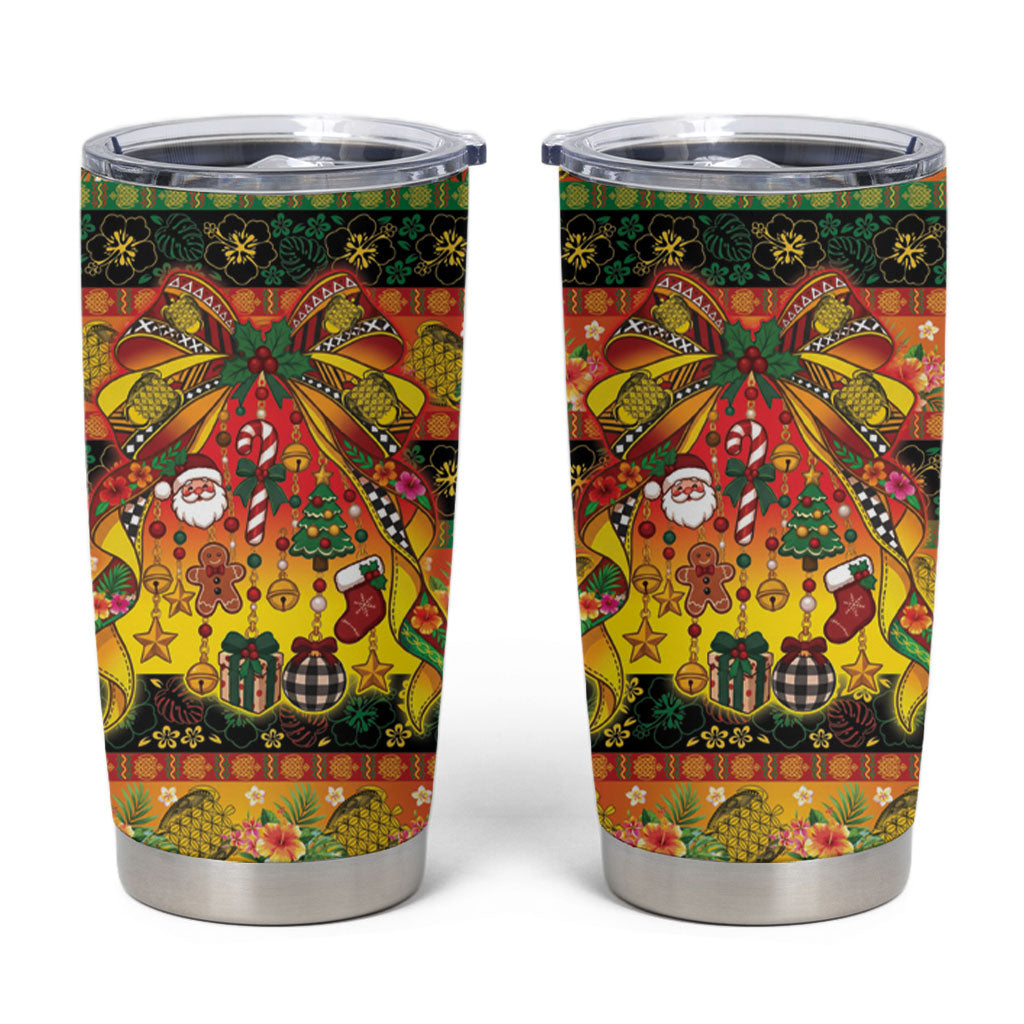 Vanuatu Sand Drawing Christmas Bow Tumbler Cup Meri Krismas Hibiscus Turtle